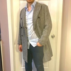Mens Express Black/White Herringbone Wool Overcoat Size Medium
